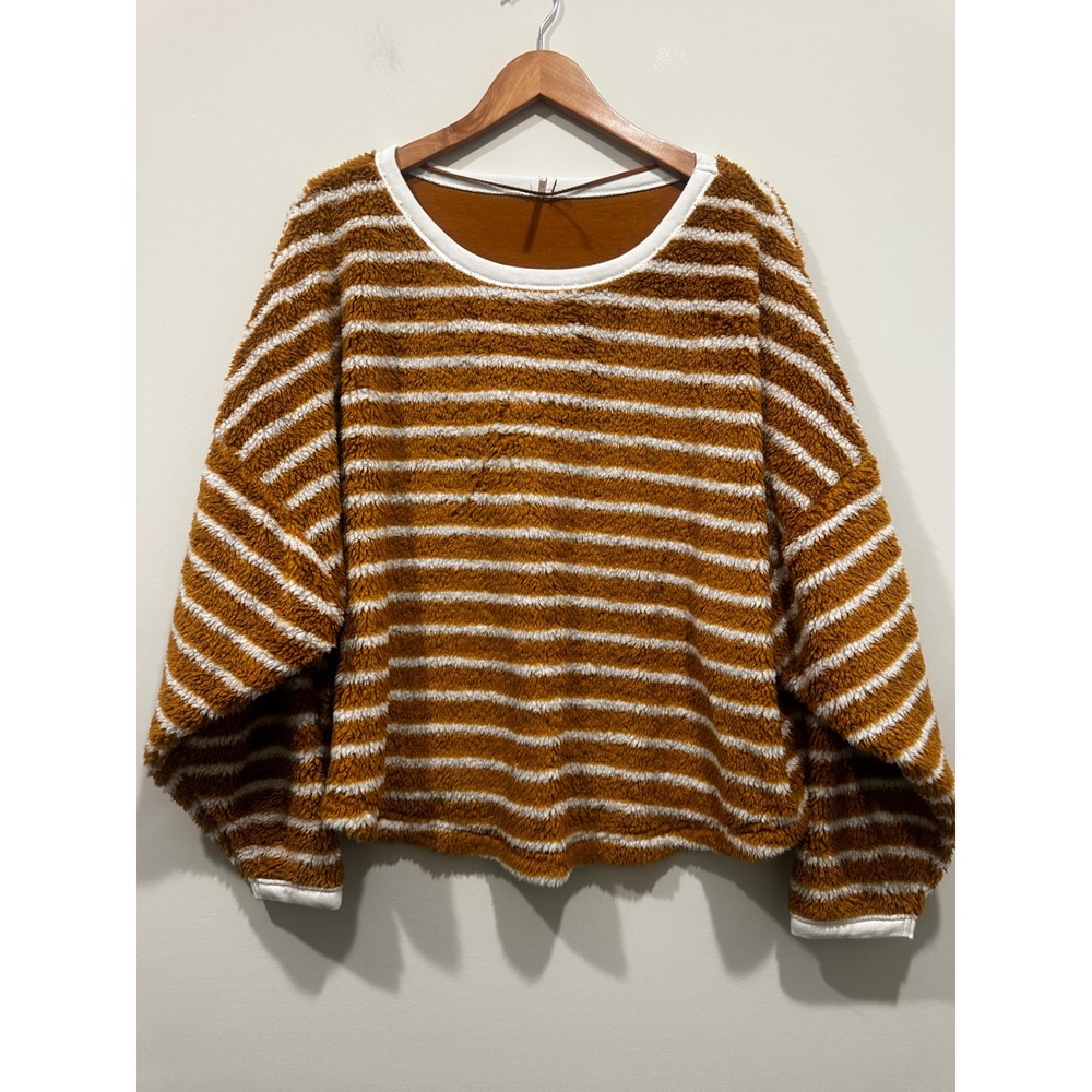 Free People Breton Striped Pullover Sweatshirt Brown White Size M
